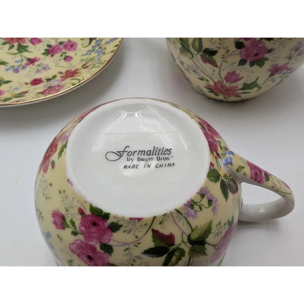 VTG Charlotte Baum Brothers China Yellow & Pink Chintz Floral 13 Pc Set Cups Tea